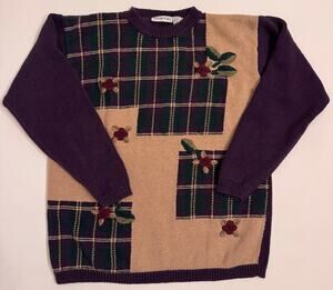 Vtg Season Ticket Purple/Green/Cream Holiday Sweater Sz S Christmas Plaid